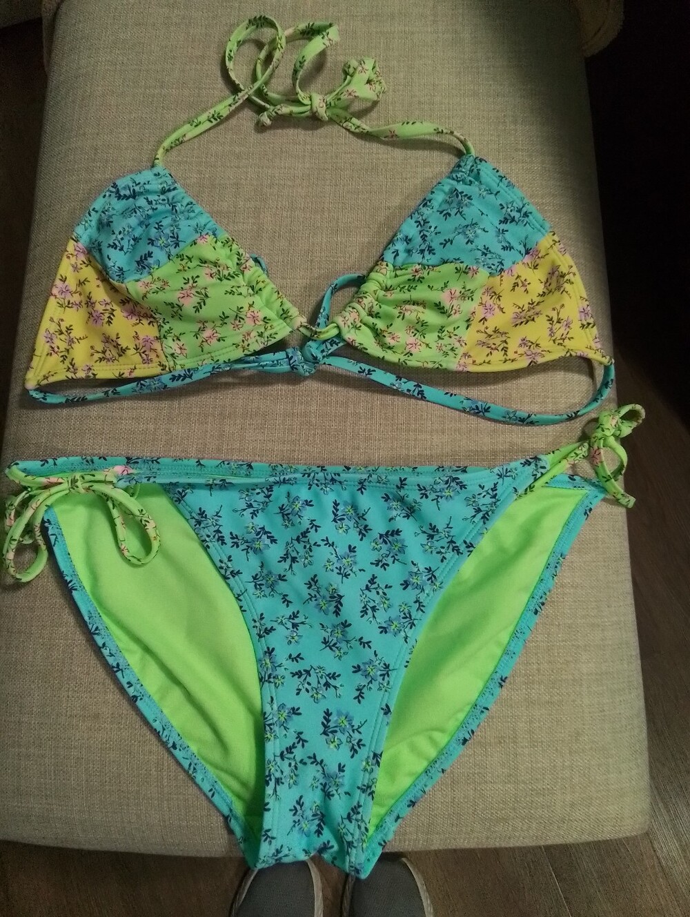 No Boundaries Floral Triangle Bikini Set in Aqua, Lime & Yellow